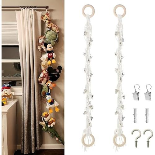 BetterJonny 2Pcs Stuffed Animal Storage Chain, 79 Inch Hanging Stuff Animal Organizer with 40PCS Metal Clips, Plush Toys Display Holder for Boho Bedroom Wall Nursery Corner Door Display