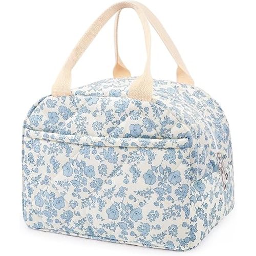 Cotton Quilted Insulated Lunch Bag, Cute Quilted Floral Lunch Tote Bags Reusable Insulated Lunch Box Coquette Aesthetic Large Capacity Insulated Cooler for Women Work Travel Picnic (Big Blue Flowers)
