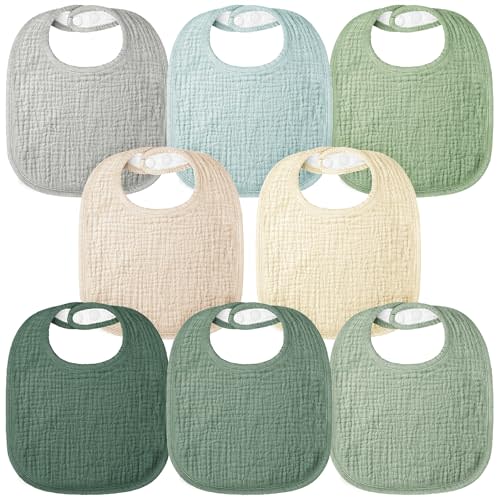 Bearmoss Muslin Baby Drooling Bibs 8 Pack, 100% Cotton Square Adjustable Bandana Bibs Gift for Baby Girls Boys Teething Drool