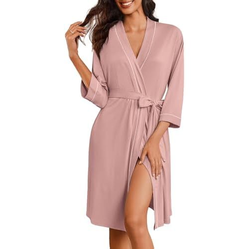 Ekouaer Robes for Women Knee Length Bathrobe Lightweight Kimono Robe 3/4 Sleeve Loungewear Soft Sleepwear with Pockets S-XXL
