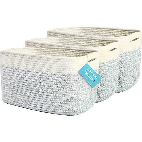 OrganiHaus Set of 3 Woven Storage Baskets for Shelves, Decorative Organizer Bins for Closet & Bathroom, Multipurpose Home Organization Baskets, Toy Storage Basket - Blue/Off-White, 15x9x10 inches