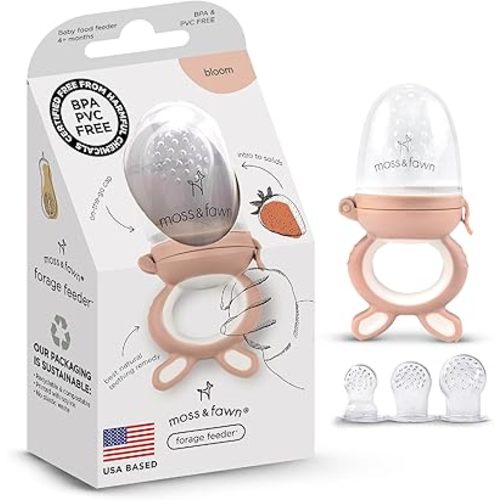 Moss and Fawn Forage Feeder - Soothing Silicone Frozen Breast Milk Popsicle & Baby Food Teething Toy, Pacifier, Fruit Feeder, & Teether - BPA, PVC & Phthalate-Free - Bloom