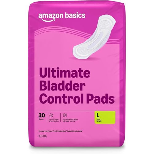 Amazon Basics Incontinence Pads for Women, Long, Postpartum, Bladder Control, Ultimate Absorbency, Fresh Protection, Unscented, 30 Count, Packaging May Vary