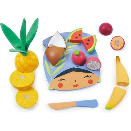 Tender Leaf Toys - Tropical Fruit Chopping Board - Wooden Play Food Set with 6 Choppable Fruits, Wood Knife and Illustrated Board - Improves Fine Motor Skills - Age 2+