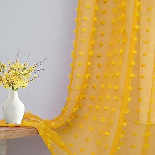 Mustard Yellow Sheer Curtains 84 Inch Length 2 Panels for Spring Living Dining Room Bedroom Boho Farmhouse Gold Semi Sheer Pom Poms Tufted Curtain 84 Inches Long for Nursery Girls Kids Room Back Tab