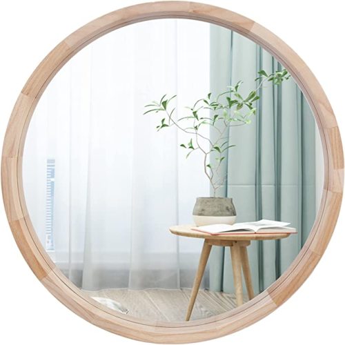24Inches Round Mirror Wood Wall Mirrors Decorative Circle Mirror, Nature Big Bathroom Large Vanity Mirrors for Living Room Bedroom Entryway Farmhouse