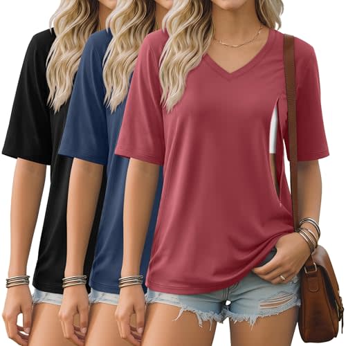 Neer 3 Pack Women's Nursing Shirts for Breastfeeding with Hidden Zippers V Neck Half Sleeves Postpartum Tee Maternity Tops