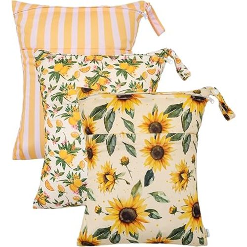 babygoal Wet Dry Bags 3 Pack, Waterproof Travel Bags for Swimsuits, Beach, Pool, Gym,Food Storage and Wet Clothes(Sunflower,Lemon,Stripe),3LN43-B