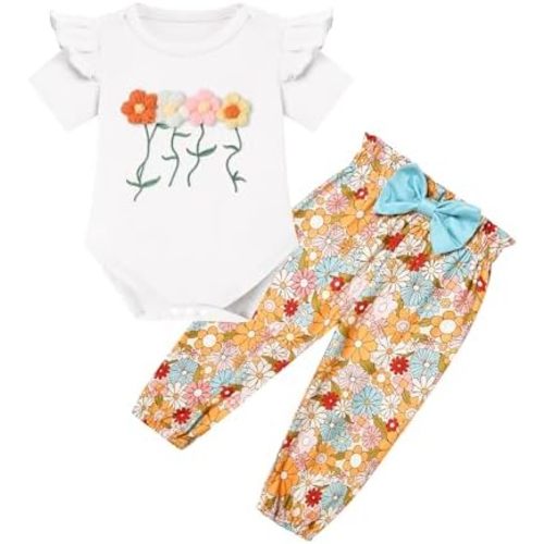 Baby Girls Clothes Newborn Bodysuits Short Sleeve Ruffle Romper and Floral Pants Set Infant Outfits 0-24 Months