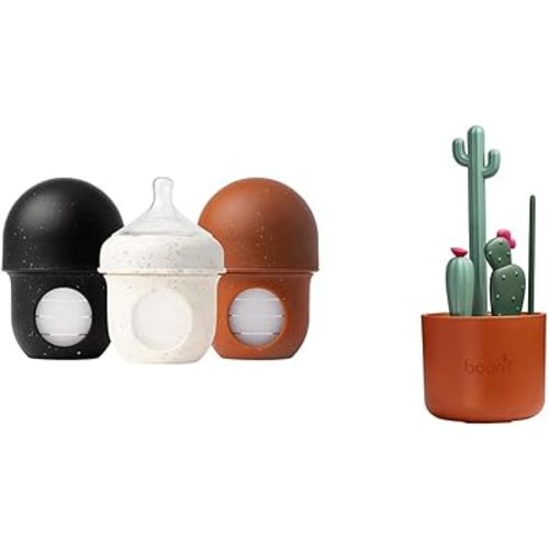 Boon Nursh Reusable Silicone Baby Bottles with Pouch Design - Stage 1 Slow Flow - 4 Oz - 3 Count and Boon Cacti Bottle Cleaning Brush Set - 4 Count