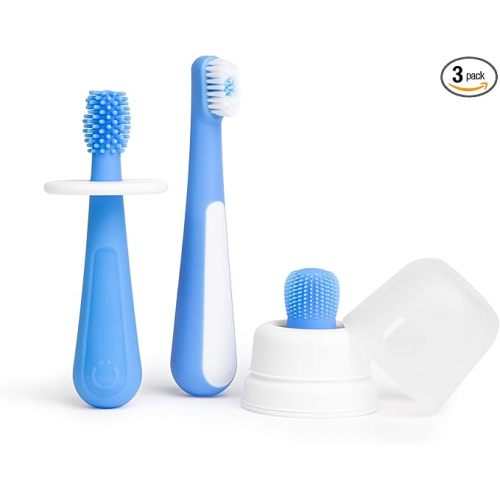 Ubbi Grow with Me Toothbrush Training Set for Babies and Toddlers, Includes Silicone Finger Brush, 360° and Soft Bristled Toothbrush, Polaris Blue