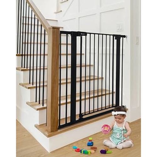 COMOMY 36" Extra Tall Baby Gate for Stairs Doorways, Fits Openings 29.5" to 40.6" Wide, Auto Close Sturdy Safety Dog Gate for House, Pressure Mounted Easy Walk Through Pet Gate with Door, Black