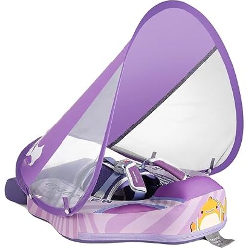 Mambobaby Float Add Tail No Flip Over Non-Inflatable Baby Swim Float Pearl Foam Solid Water Floats Smart Swim Trainer Infant Pool Float Swim Ring with Sun Canopy