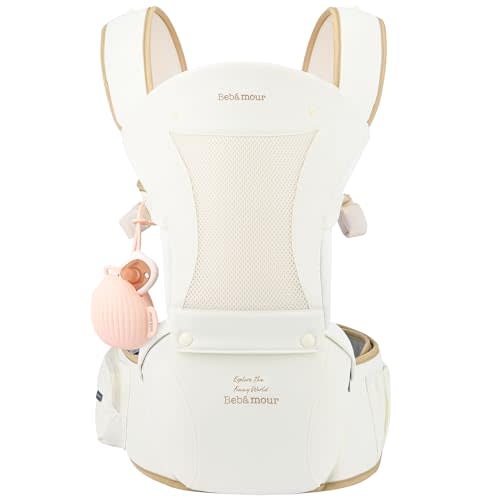 Bebamour Baby Carrier with Hip Seat,All-Position Breathable Mesh Hip Seat & Carrier 0-36Months with Head Hood, 3 PCS Teething Pads, Waist Extender,Storage Bag & Pacifier Case(Khaki)