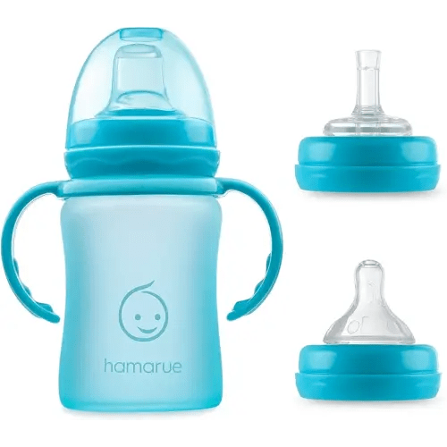 3-in-1 Glass Sippy Cups for Toddlers 1-3 | Silicone Coated Baby Sippy Cup | Non-Toxic Transition Sippy Cup with Removeable Handles | Baby Straw Cup (Teal, 5 oz)