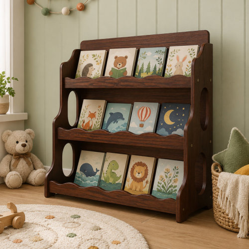 Latitude Run® Walnut Wood Grain 3-Tier Scalloped Montessori Toddler Bookshelf, Dutch Design Kids Furniture | Wayfair