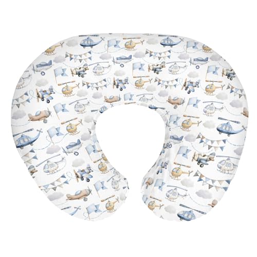 Watercolor Airplanes Helicopters Baby Nursing Pillow Covers for Boy Girl Vintage Aircraft Nursing Pillowcase for Breastfeeding Pillows Blue Air Transport Travel Soft Stretchy Slipcovers for Newborn