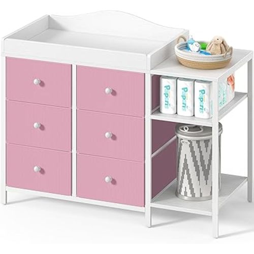 BOLUO Baby Dresser with Changing Table Top, Changing Table Dresser with 6 Fabric Drawers Diaper Changing Station with Storage Shelf for Nursery Modern