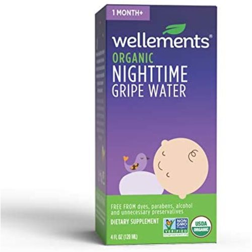 Wellements Organic Nighttime Gripe Water, 4 Fl Oz, Eases Baby's Stomach Discomfort, Free from Dyes, Parabens, Preservatives