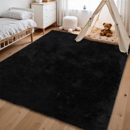 Acekool Ultra Soft Shaggy Rug, Non-Slip Plush Indoor Carpet, Pure Black for Living Room, Bedroom – 4'x6'