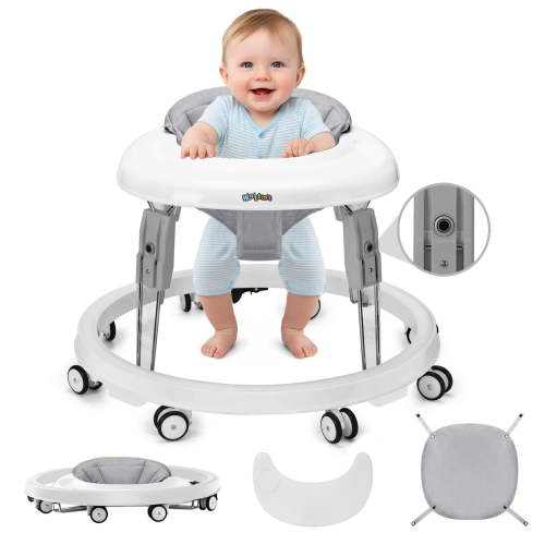 Uuoeebb Foldable Baby Walker & Trampoline Combo, Toddler Activity Walker W/ Large Dinner Plate for 6-18 Months Infant, 7 Gear Height Adjustment, Grey