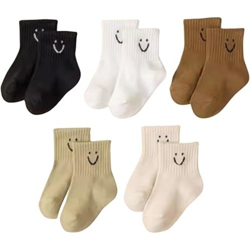 Kids Ribbed Socks with Smiley Face, 5 Pack, Neutral Colors, Black White Brown Beige Cream