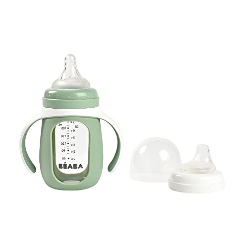 BEABA 2-in-1 Glass Baby Bottle to Glass Transition Sippy Cup, Spill Proof Sippy Cup, Toddler Baby Bottle with Soft Silicone Nipple and Spout, 7 oz (Sage)