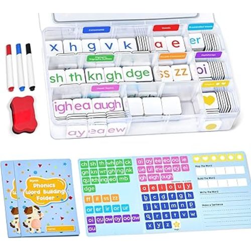 JoyCat 265 Phonics Magnetic Letter Tiles with 3 Word Folder - Hooked on Phonics Set Storage Case, Letter Sound Alphabet Letters, Preschool Pre k Classroom Materials