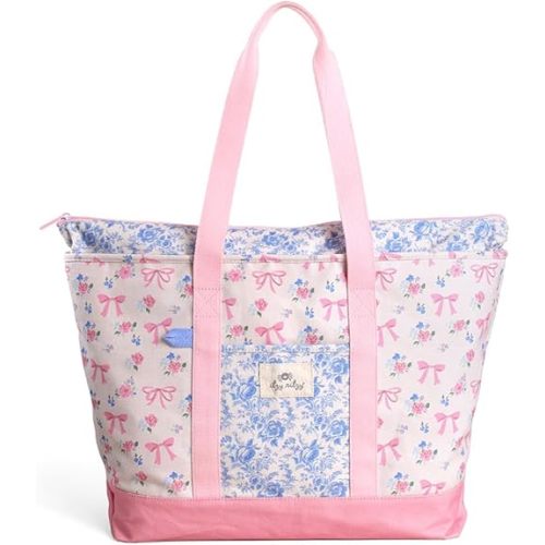 Itzy Ritzy Canvas Tote Bag - Zip-Top Closure, Roomy Main Compartment & 4 Pockets - Lightweight Cotton Canvas Carryall for Moms - Perfect for Travel, Beach, Errands & Everyday (Ribbons & Bows)