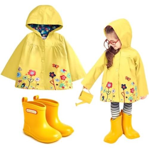 2 Pcs Toddler Raincoat Rain Boots Set Kids Baby Cartoon Hoodie Zipper Jacket Short Rain Shoes for Little Boys Girls