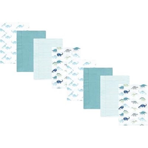 Hudson Baby Cotton Poly Flannel Burp Cloths Multipack, Soft Teal Dino 8-Pack, One Size