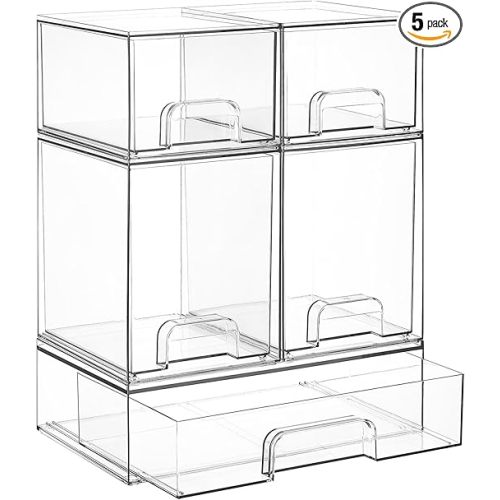 Vtopmart Stackable Storage Drawers Set of 5, Clear Plastic Organizer Bins for Baby Bottle, Beauty Supplies Storage, Ideal for Kichen Countertop, Vanity, Bathroom, Cabinet, Pantry Organization