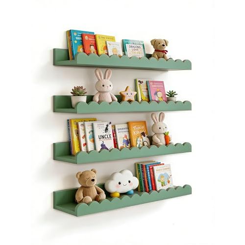 Scalloped Shelves for Nursery - Wall Book Shelves for Bedroom Kids, Nursery Bookshelf for Wall Set of 4, Floating Book Shelves Solid Wood,16 Inch, Sage