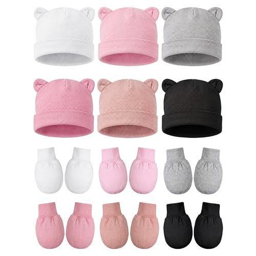 Geyoga 12 Pieces Newborn Hat Mittens Gloves Set Baby Boys Girls Cotton Baby Beanie for 0-12 Months