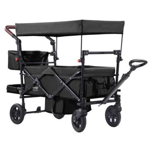 VEVOR Wagon Stroller for 2 Kids, Push Pull Quad Collapsible Stroller with Handle, Encircling Harness Removable Canopy, 4 Wheels with Brakes,Black