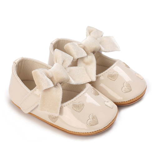 Baby Girls Leather Shoes, Infant Newborn Heart Pattern Bowknot Soft Sole Flats First Walkers Non-Slip Spring Summer Princess Dress Shoes
