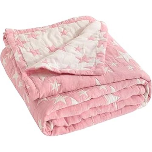 NTBAY 3 Layer Oversized Muslin Cotton Toddler Blanket, 45x60 Inches Jacquard Reversible Nursery Bed Blanket, Super Soft and Thermal Crib Blanket for All Seasons, Baby Gift, 45"x60", Pink/White Star