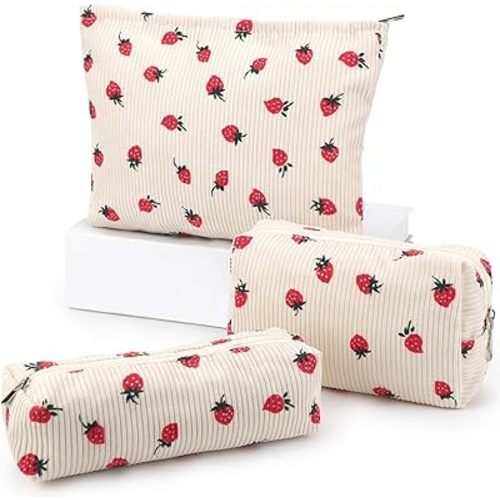 EIMMBD Makeup Bag 3 Pieces Large Capacity Cosmetic Bags Travel Toiletry Bag Organizer Cute Makeup Bag Storage for Women(Beige Strawberry)