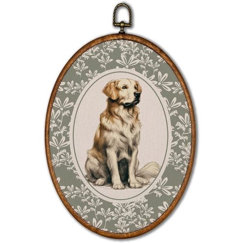 KSDUT Retro Dog Golden Retriever Wall Art Decor - Neutral Botanical Wall Art Canvas Frame Hanging Prints, Rustic Cottagecore Antique Animal Oval Artwork Decor for Home Nursery Decorations 8.6"x11.4"