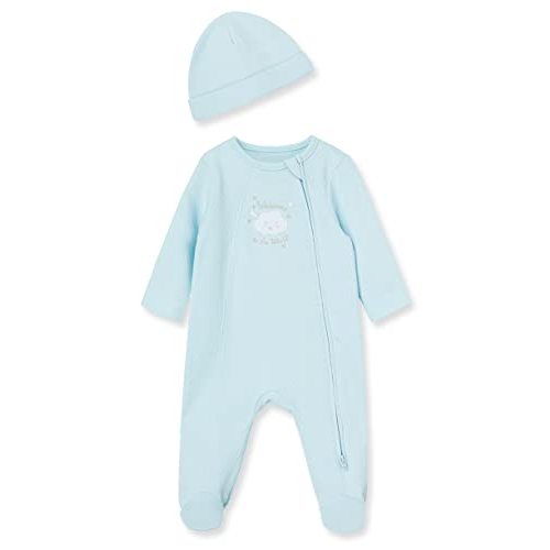 Little Me Baby Boy Clothes 2-Piece Baby Sleeper and Cap Set, 100% Cotton Footies Baby Essentials, Preemie to 9 Months