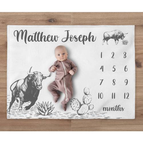 Bull Milestone Blanket, Custom Western Name Blanket, Personalized Rodeo Baby Boy Month Blanket, Newborn Gift, Cowboy Baby Shower Gift