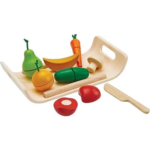 PlanToys® Wooden Fruits & Vegetables Cutting Set | Montessori-Inspired Play Food for Toddlers | Pretend Play Kitchen Toy with Knife and Tray | Educational Fine Motor Toy