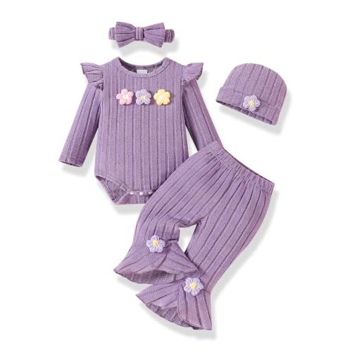 Newborn Girl 4-Piece Set Ruffle Floral Romper Bell Pants Outfit | Baby Girl Clothes Newborn Infant Fall Outfit, Winter Pant Set Hat Headband 4 Pcs Clothes for Girl,Girls Clothing Set