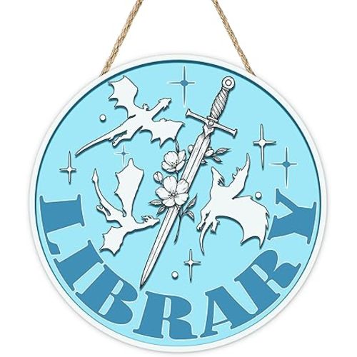 Fantasy Library Sword Dragon Front Door Sign, Blue Wood Plaque Hanger Reading Corner Classroom School Study Room Home Decor, Wooden Wreath Indoor Wall Hanging Decoration Book Lover Gift