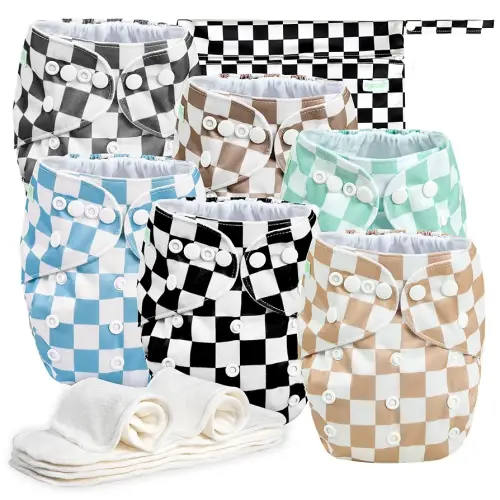 wegreeco Cloth Diapers 6 Pack with 6 Inserts & 1 Wet Bag, Washable Cloth Diapers for Babies, One Size Adjustable Reusable (Checkerboard)