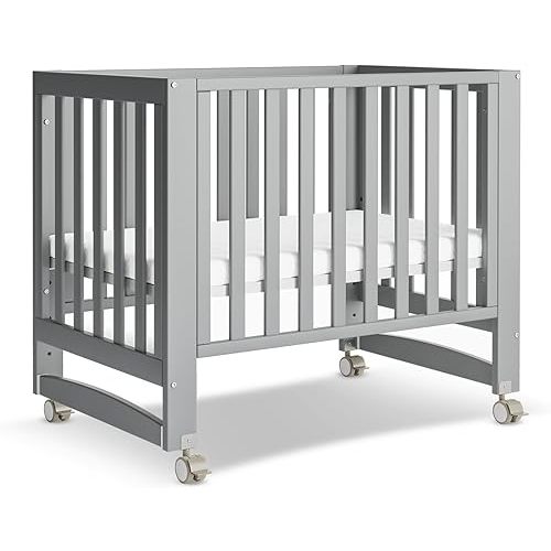 EvoNest Baby Crib, 6 in 1 Convertible Mini Crib with Wheels, 100% New Zealand Wood Growing Bed, 4 Adjustable Mattress Height，Grey