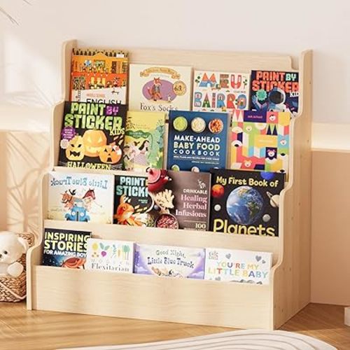 NACHES 4-Tier Kids Scalloped Bookshelf Montessori Wood Toddler Nursery Bookcase Baby Book Magazine Display Shelf Front Facing Children Book Rack Toy Organizer Girl Boy Bedroom Classroom Playroom