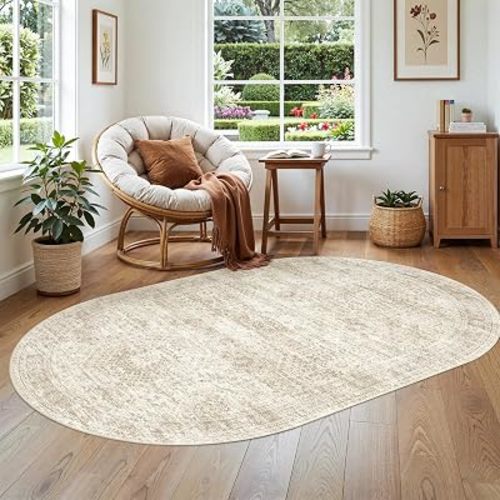 Soalmost Small Oval 3x5 Rug for Entryway Kitchen, Washable Area Rugs, Beige