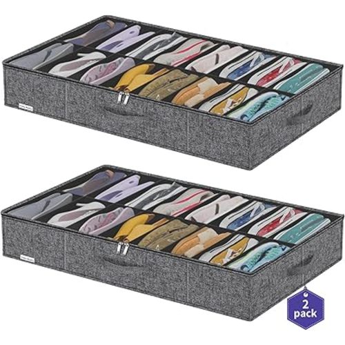 Sturdy Shoes Storage Organizers Boxes Fit 16x2 Pairs, Foldable Shoe Sneaker Container Bin Holder for Closet with Clear Cover, 37.8"x23.6"x5.9", Cotton-like Black, ZMXBUBS16P2