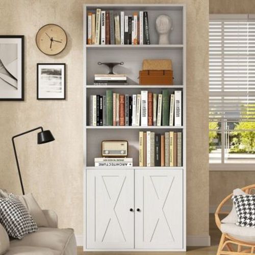 Celebalcony Bookshelf, Industrial Bookshelves and Bookcases with Doors Floor Standing 6 Shelf Display Storage Shelves 70.6 inches Tall White